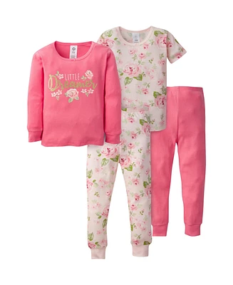 Gerber Toddler Girls 4-Piece Snug Fit Cotton Pajamas, Rose, 3T