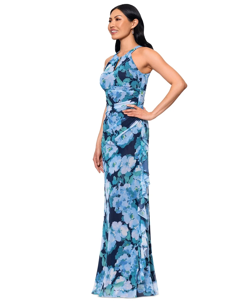 Betsy & Adam Women's Printed Mesh Halter-Neck Sleeveless Gown