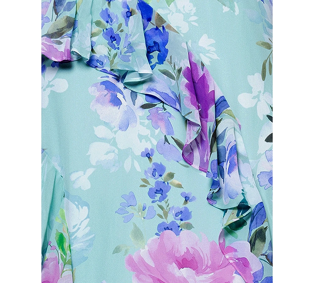 Betsy & Adam Petite Printed Halter-Neck Ruffled Sleeveless Gown