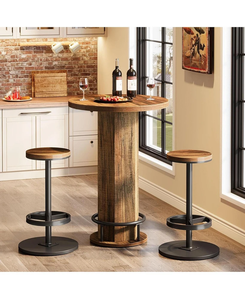 Tribesigns Round Bar Table with 2 Chairs, Industrial Bistro Sets with 2 barstools, Pub Cocktail Table with Metal Ring Footrest for Kitchen Nook, Apart