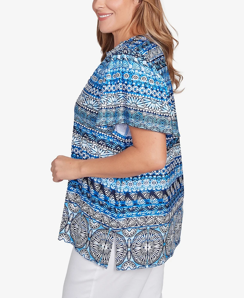 Ruby Rd. Plus Size Motif Stripe Embroidered Puff Print Top