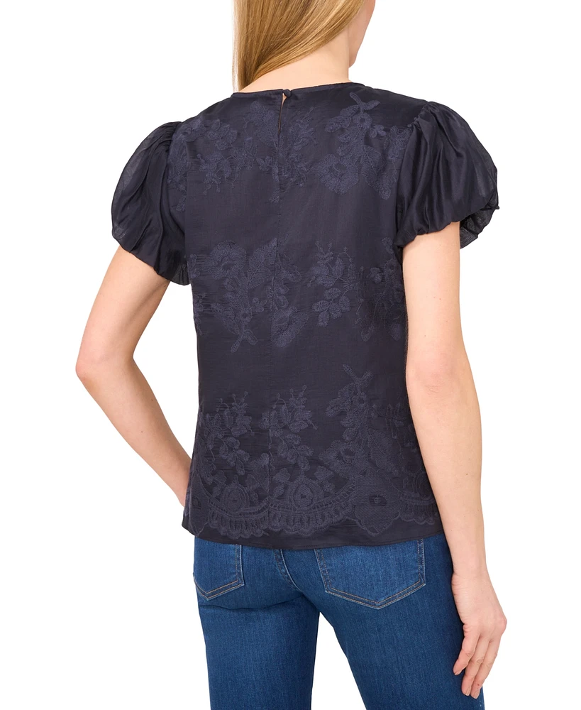 CeCe Women's Embroidered Balloon-Sleeve Crewneck Blouse