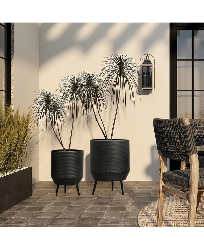 LuxenHome Set of 2 Black Round Metal Cachepot Planters with Tripod Legs