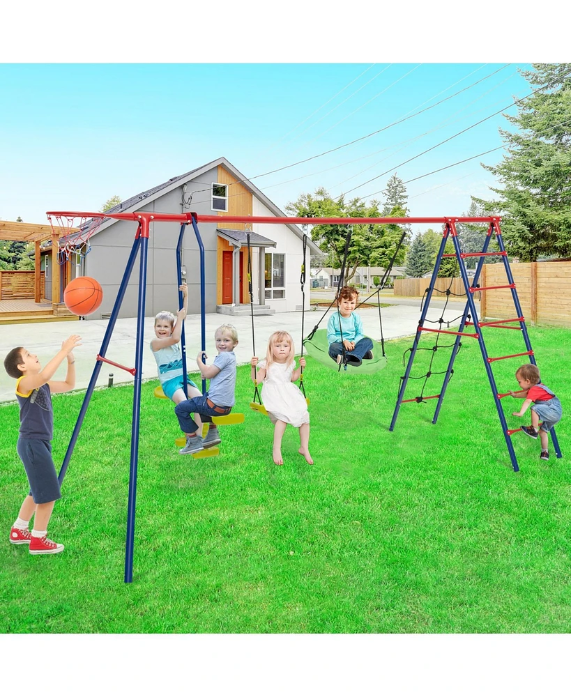 550 Lbs 6-in-1 Patio Kids Swing Set with Climbing Net and Ladder