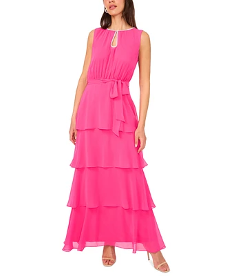 Msk Women's Keyhole-Neck Sleeveless Tiered Chiffon Gown