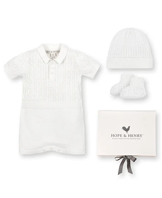 Hope & Henry Baby 4 Piece Cable Shortie Romper, Beanie, & Bootie Boxed Gift Set