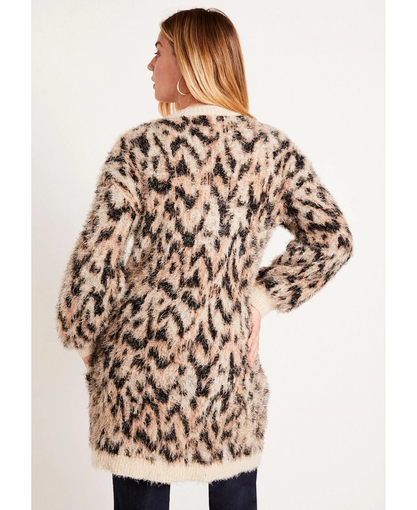 June + Vie Women's Leopard-Print Eyelash Cardigan