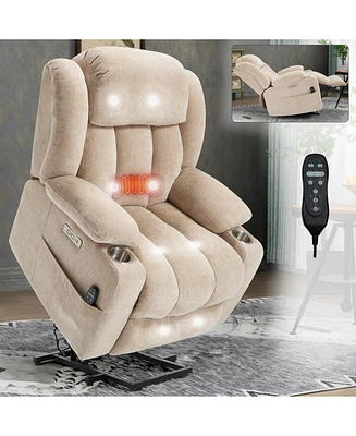 Chenille Power Lift Recliner, Massage & Heat, Usb, Cup Holders