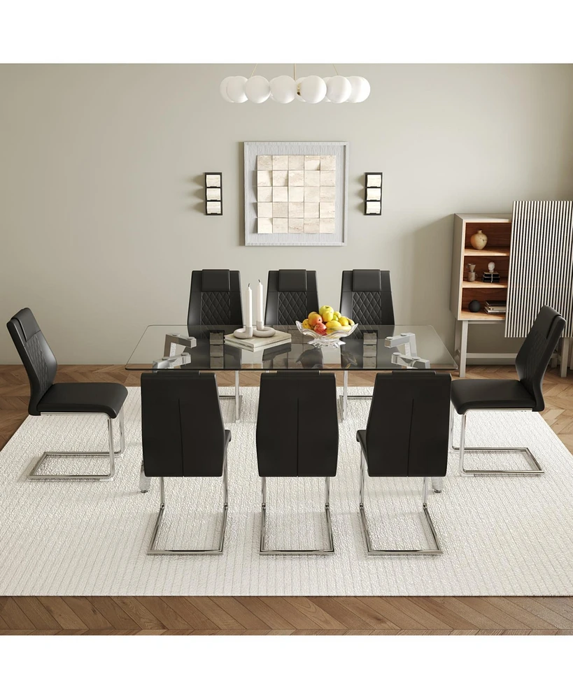 71" Rectangular Glass Table & 8 Black Pu Chairs