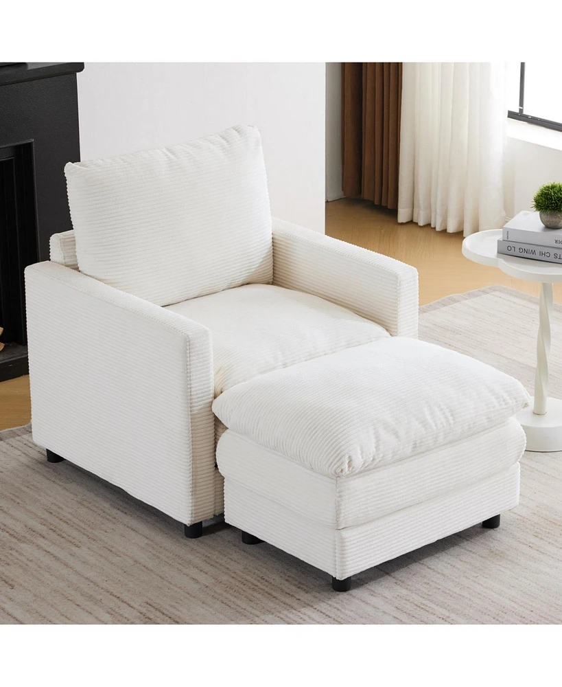 Upholstered Corduroy Armchair with Ottoman, Oversized Sleeper Chair for Bedroom, Living Room, Office (Beige)