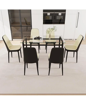 51" Glass Dining Table Set, Black Metal Legs & Pu Chairs
