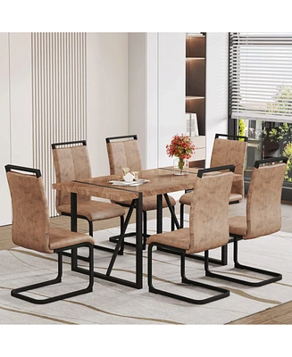 Retro Wood Table & Brown Tech Fabric Chairs