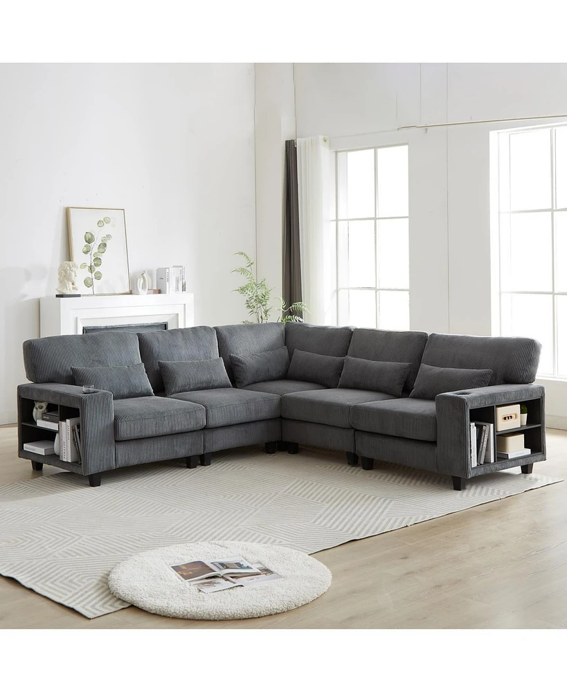 L-Shaped Corduroy Sectional Sofa with Storage & Cup Holder