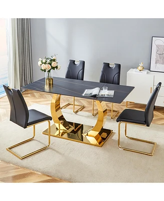 Sintered Stone Dining Set: 63" Table & 4 Black/Gold Chairs