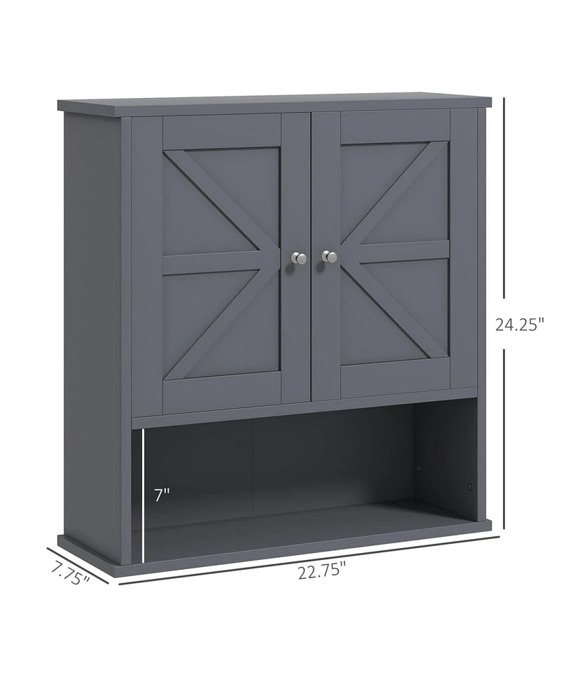 Farmhouse Bathroom Wall Cabinet, Wall Mounted Medicine Cabinet with Open Shelf & Adjustable Shelf, Storage for Laundry Room, Gray