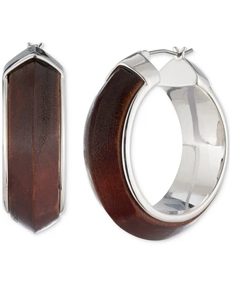 Lauren Ralph Lauren Silver-Tone Wood Inlay Medium Hoop Earrings, 1.4"