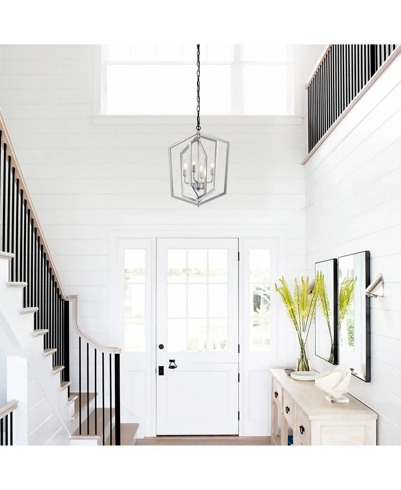 4-Light Farmhouse Chandelier, Matte Black & Silver with Vintage Cage Fixture, Adjustable Height