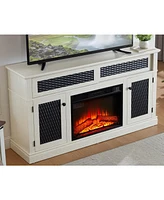 Embossed Tv Stand with 23" Fireplace, Media Console with Storage, White (58.3"W x 31.7"H)