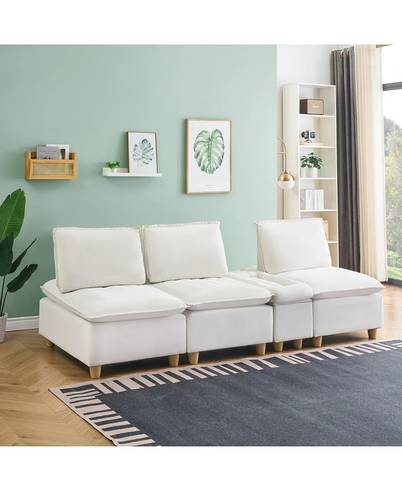 Off-White Flannel Sofa with Storage and Adjustable Backrest