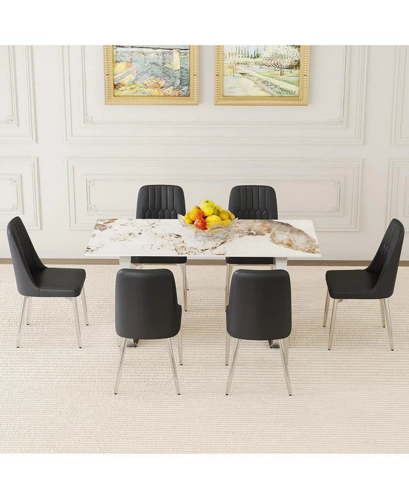 Pandora Sintered Stone Dining Set: 6 Black Chairs, Modern Table