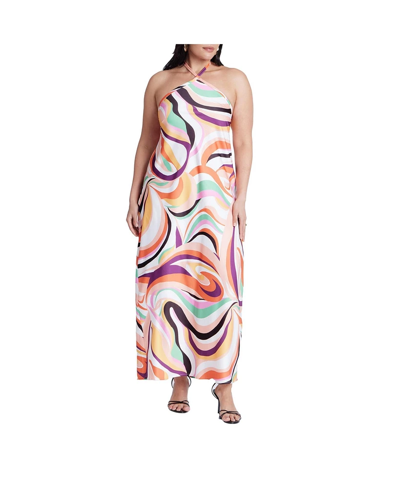 Eloquii Women's Tie Neck Printed Maxi Dress