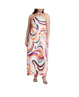Eloquii Women's Tie Neck Printed Maxi Dress