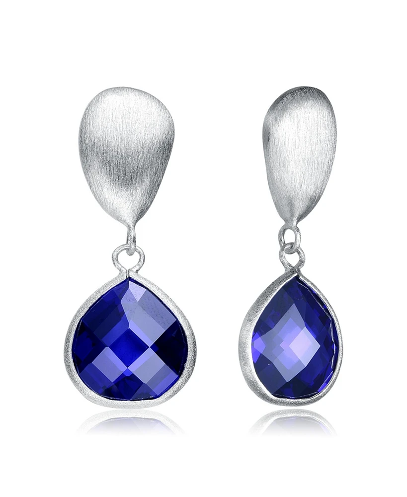 Sterling Silver White Gold Plating with Blue Cubic Zirconia Drop Earrings