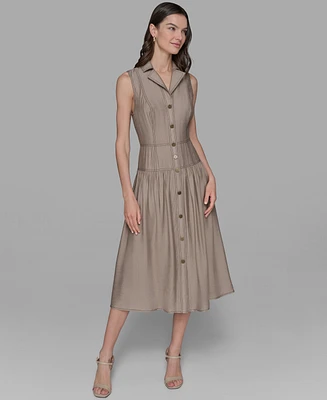 Karl Lagerfeld Paris Petite Notched Collar Sleeveless Midi Shirtdress