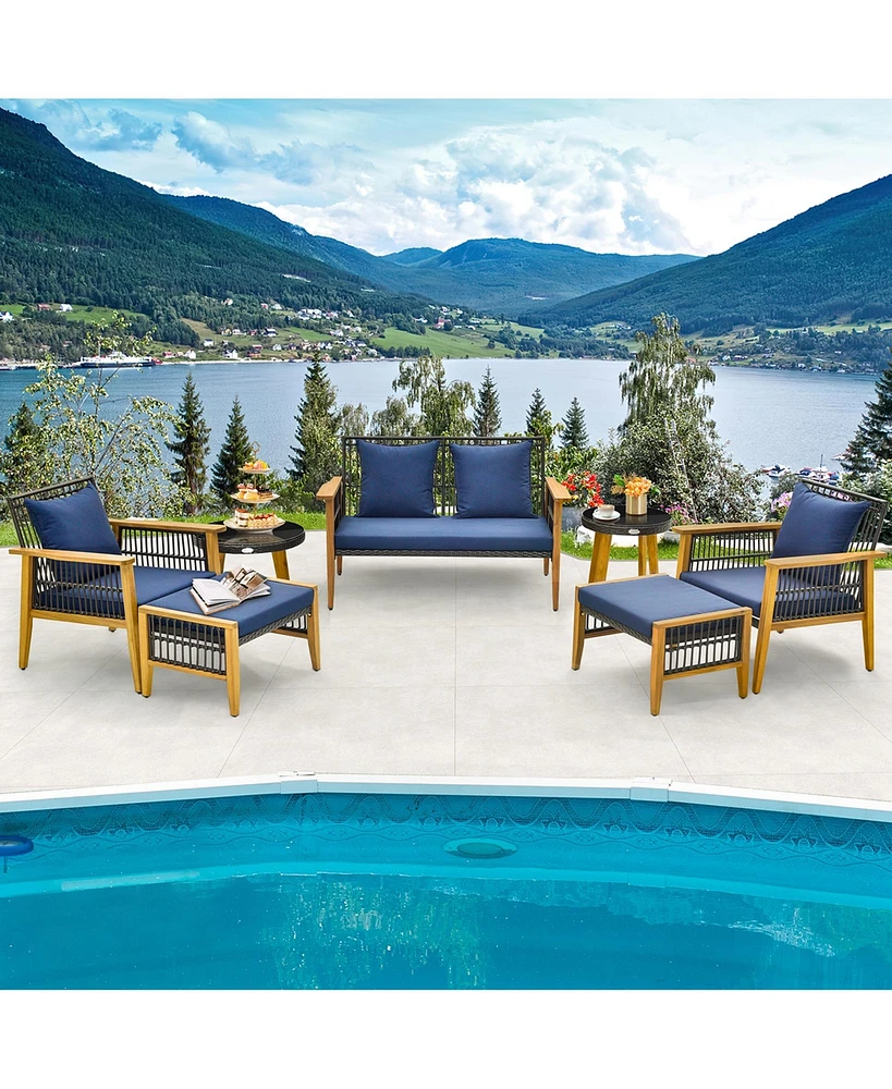 7 Piece Conversation Set Rattan Woven Chair Set with 2 Coffee Tables & 2 Ottomans