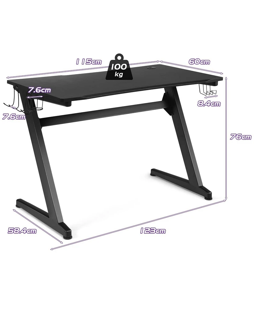 45.5 Gaming Desk, Z Shaped Racing Game Table with Carbon Fiber Surface, Mouse Mat, Headphone Hook, Cup Holder, Game Handle Rack, Ergonomic Home Office