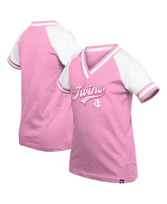 New Era Big Girls Pink Minnesota Twins Mommy Me Raglan V-Neck T-Shirt