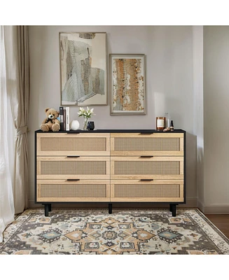 51.18" 6-Drawers Rattan Storage Cabinet Rattan Drawer, for Bedroom, Living Room, Black (Same Sku:W757112779)