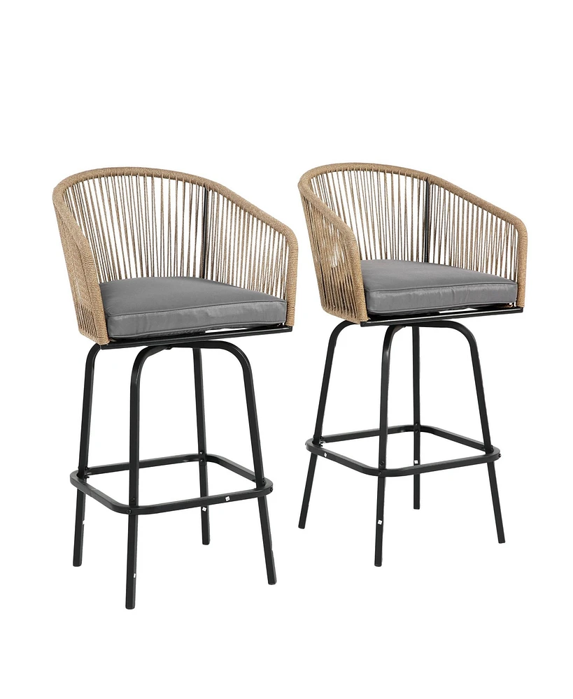 Mondawe Outdoor Bar Stools Set of 2, 2-Piece Patio with Armrests, All Weather Rattan Chairs Backrest, Wicker for Backya