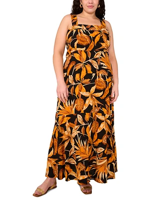 Vince Camuto Plus Tropical-Print Square-Neck Smocked-Back Sleeveless Maxi Dress