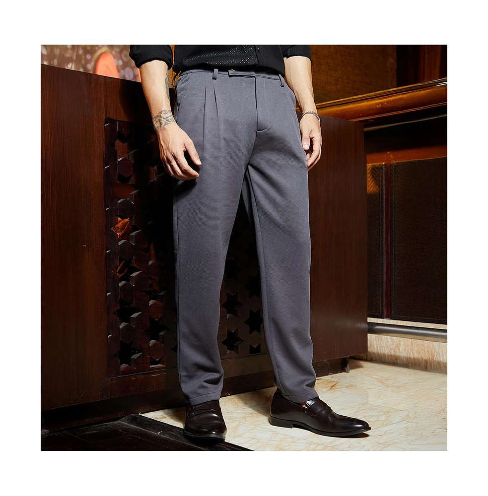 Campus Sutra Men's Ash Grey Micro-Waffle Chino Trousers