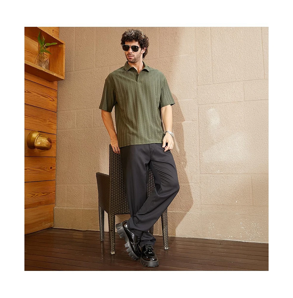 Campus Sutra Men's Army Green Spiralknot-Tactile Oversized Polo T-Shirt