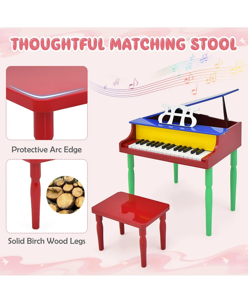Gymax 30-Key Classic Baby Grand Piano Toddler Toy Wood w/ Bench & Music Rack Colorful