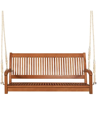 Gymax 2-Seat Patio Hanging Wooden Porch Swing Bench w/ Cushion & Hanging Ropes