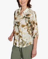 Alfred Dunner Women's Copper Canyon Knit Leaf Button Front Top