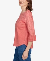 Alfred Dunner Women's El Paso Diamond Textured Spliced Bell Sleeve Top