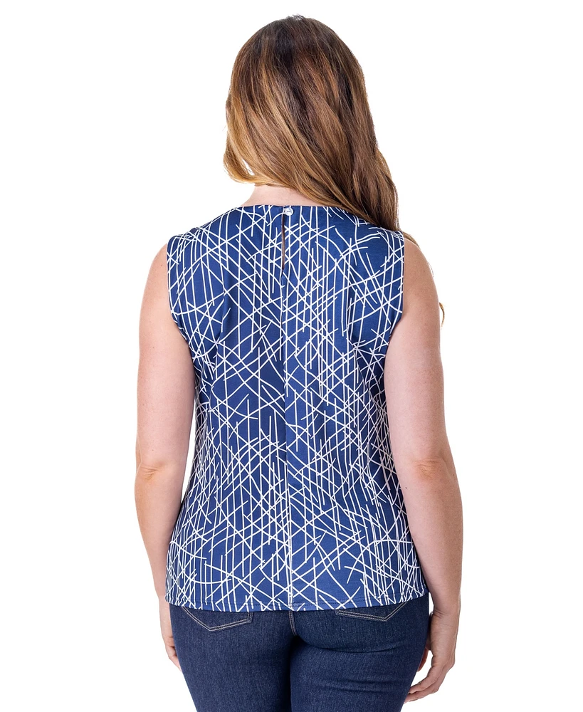 24seven Comfort Apparel Petite Navy Print Pleated Crew Neck Back Closure Sleeveless Top