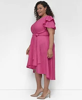 Dkny Plus Surplice Flutter-Sleeve Fit & Flare Dress