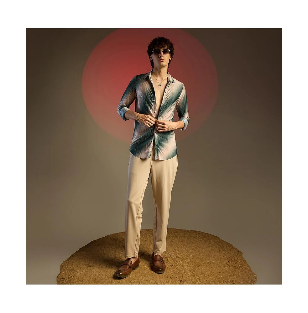 Campus Sutra Men's Emerald Green & Ivory White Ombre-Pleated Shirt