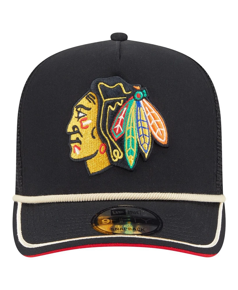 New Era Men's Black Chicago Blackhawks Vintage Team Rope A-Frame 9FIFTY Snapback Hat
