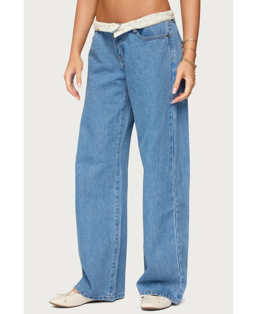 Edikted Women's Floral Foldover Low Rise Jeans