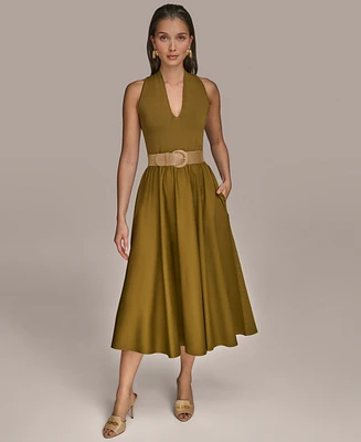 Donna Karan New York Women's Mixed-Media Belted Halter Dress