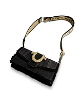 True Religion Frayed Denim Flap Bag with Logo Strap