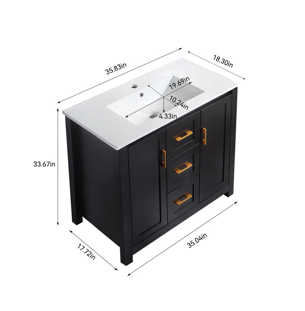 Casainc 36" Black Vanity Set with Undermount Sink, Soft-Close Doors & Drawers, Space-Saving Organizer