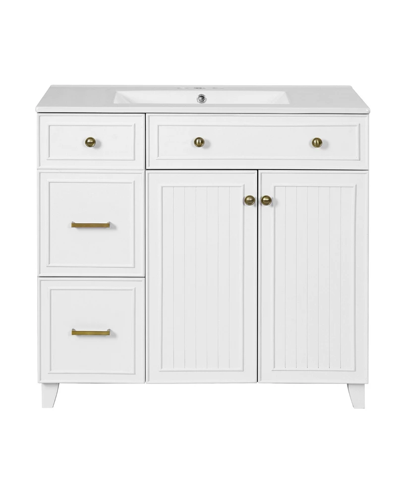 Casainc 36" Bathroom Vanity With Ceramic Sink, Double-Layer Drawers, Soft-Close Doors and Adjustable Shelves