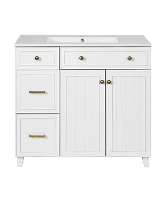 Casainc 36" Bathroom Vanity With Ceramic Sink, Double-Layer Drawers, Soft-Close Doors and Adjustable Shelves